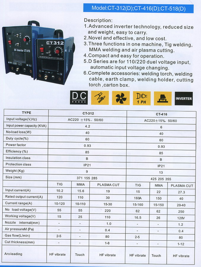 Welding equipment & machine-Inverter DC Multi-functions(TIG/MMA/CUT) Welder-CT-312(D),CT-416(D),CT-518(D)