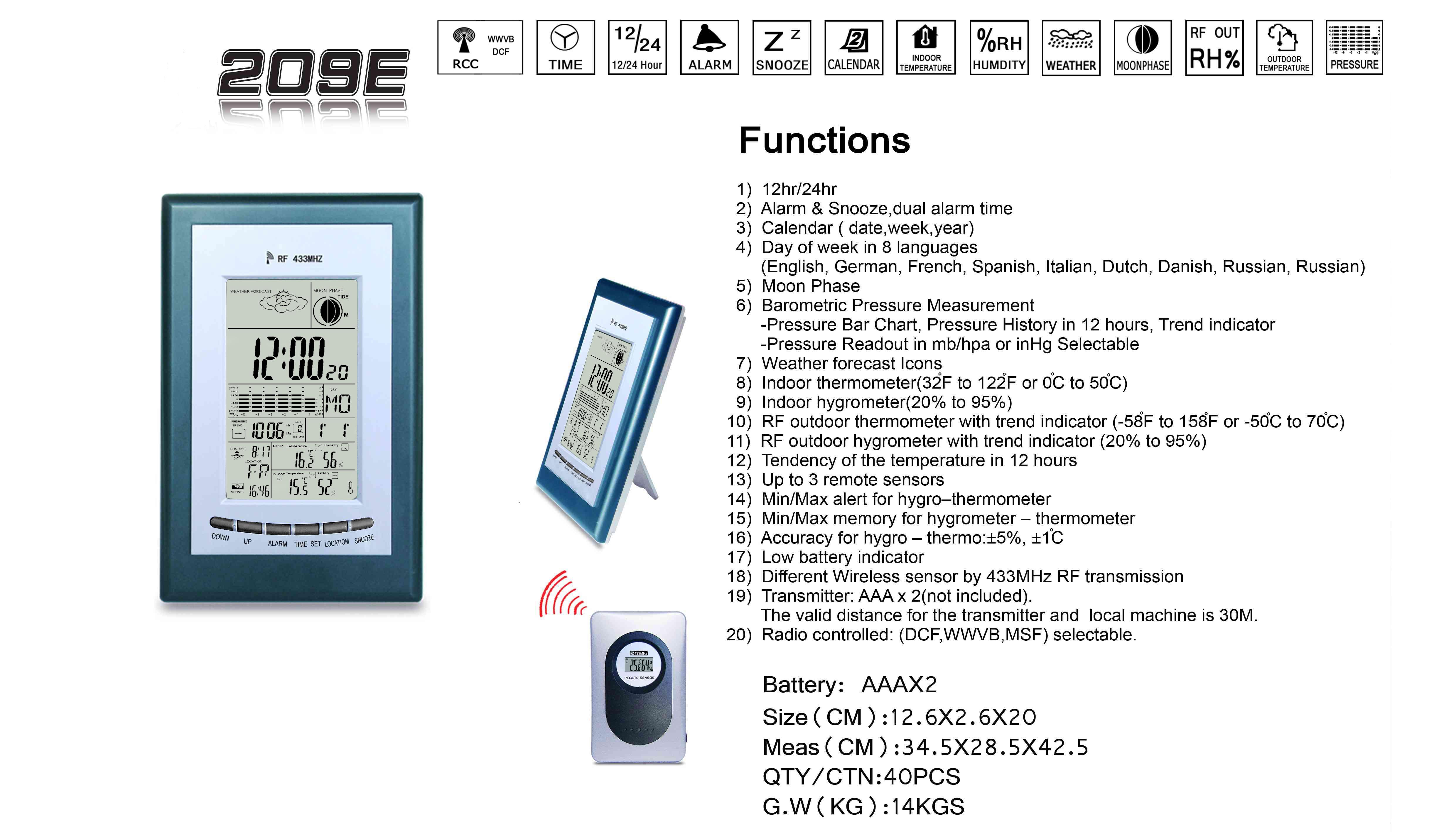 RF multi-function wireless weather station clock