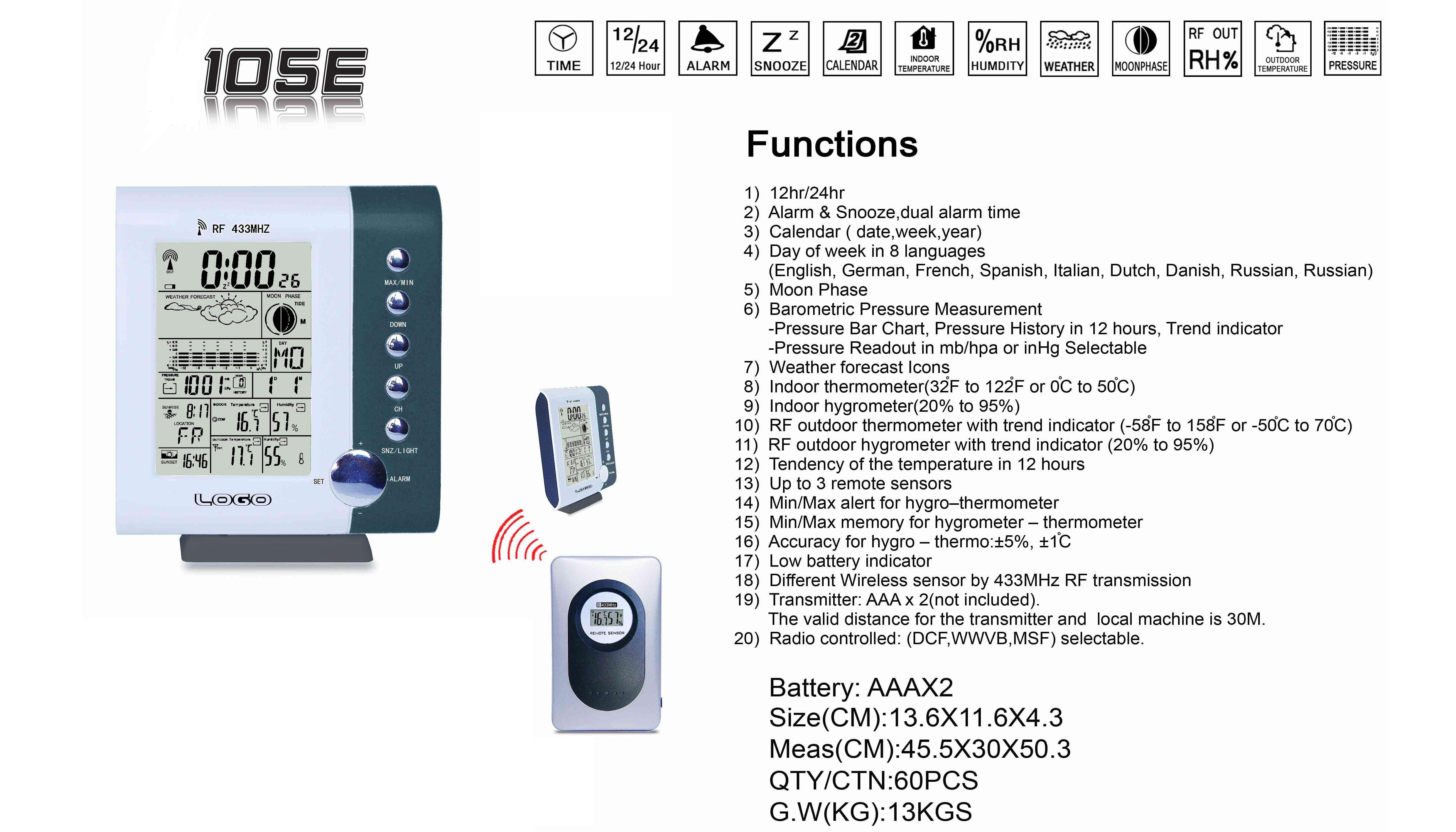 RF multi-function wireless weather station clock