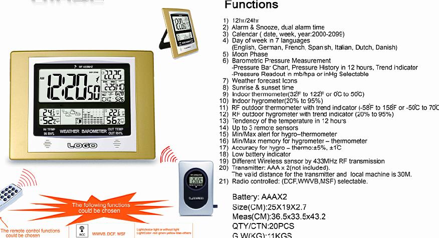 RF multi-function wireless weather station clock