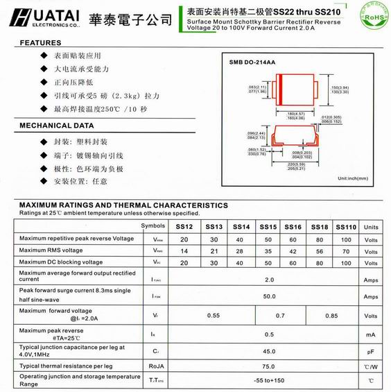 Surface Mount Schottky Barrier Rectifier表面安装肖特基二极管 SS22 thru SS210