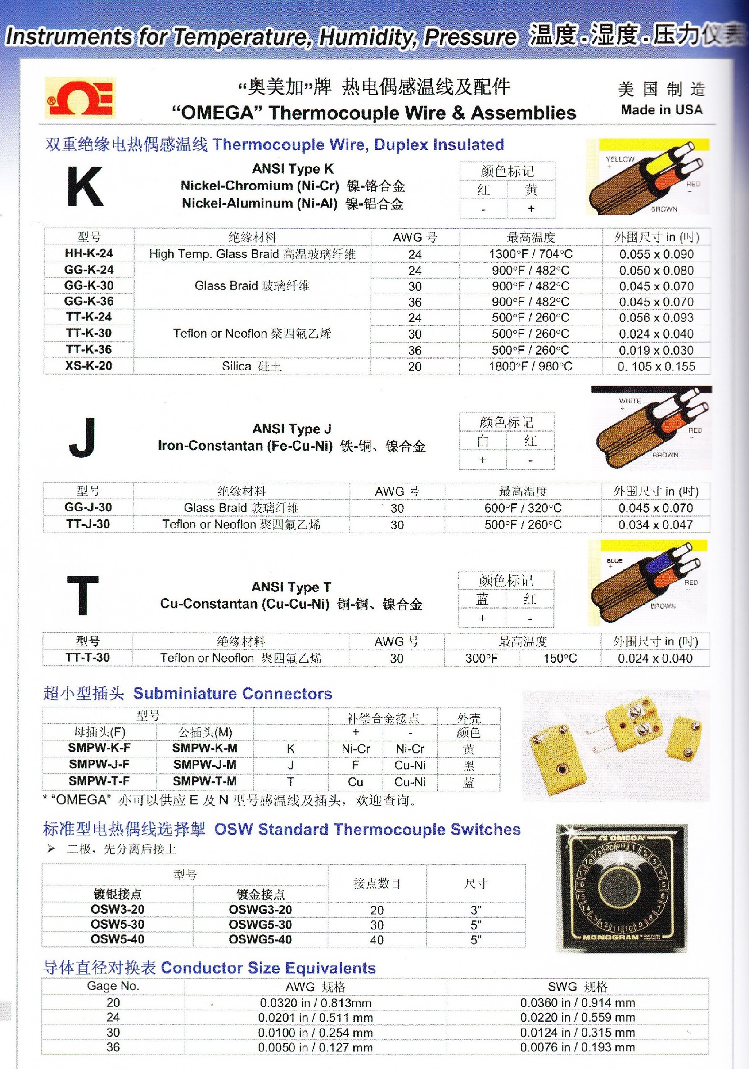 Omega Thermocouple Wire & Assemblies 奧美加 熱電偶感溫綫及配件