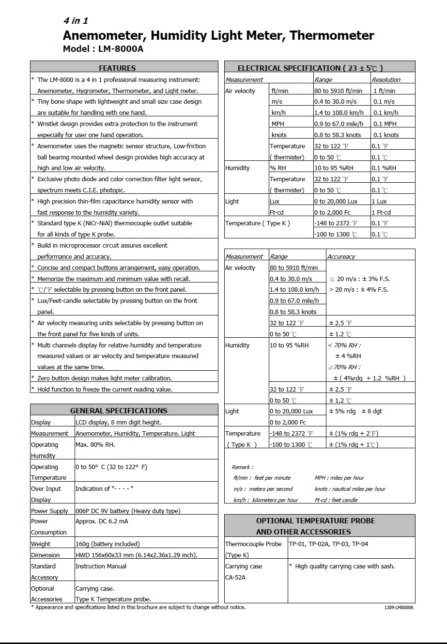 ANEMOMETER, HUMINDITY LIGHT METER, THERMOMETER - LM-8000A  溫濕度計 照度計 風速儀 四合一體機