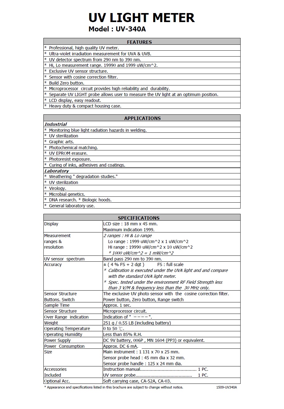 UV LIGHT METER - Model : UV-340A   紫外線光強度計