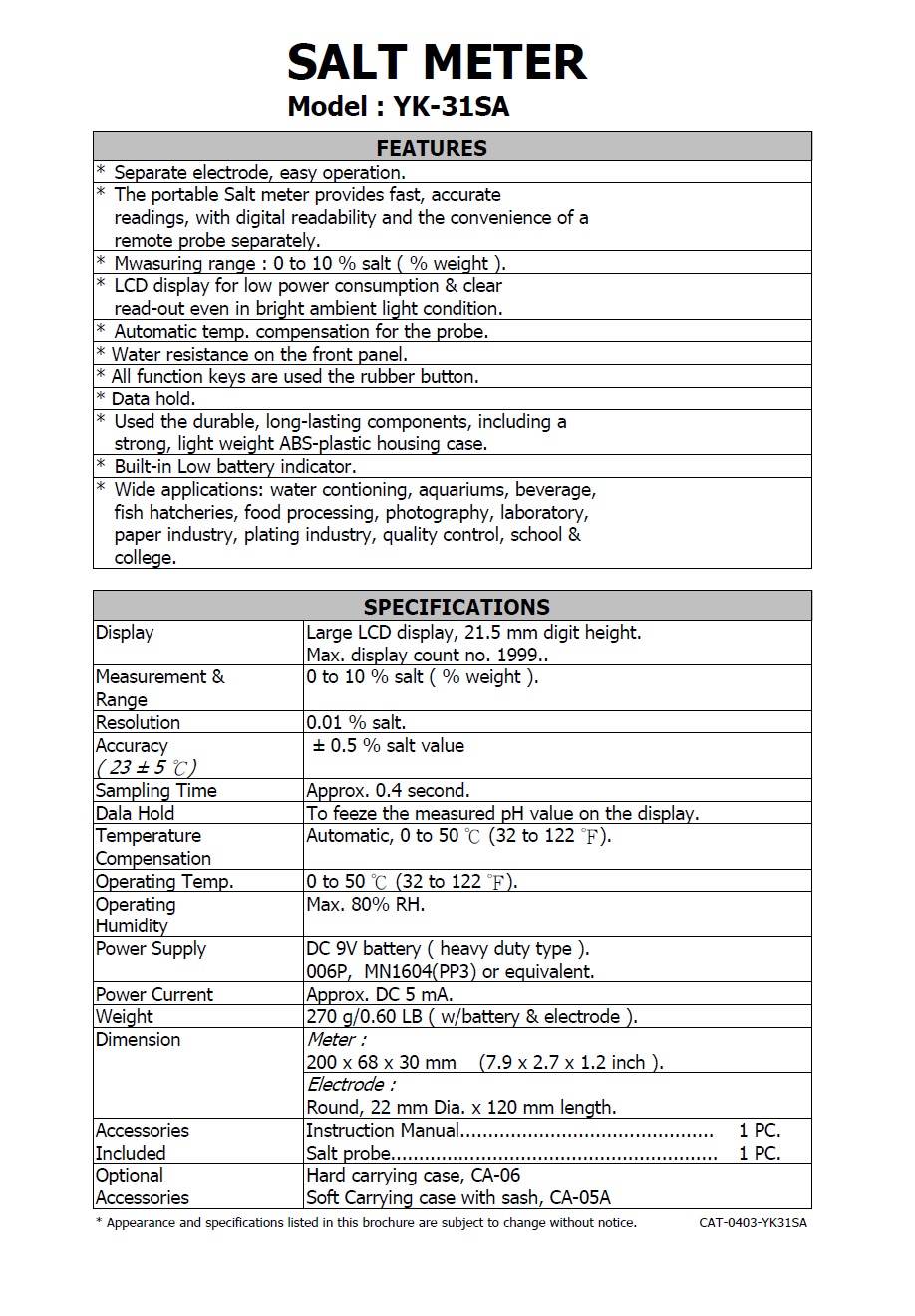 Salt meter - YK-31SA	 數字式鹽份計