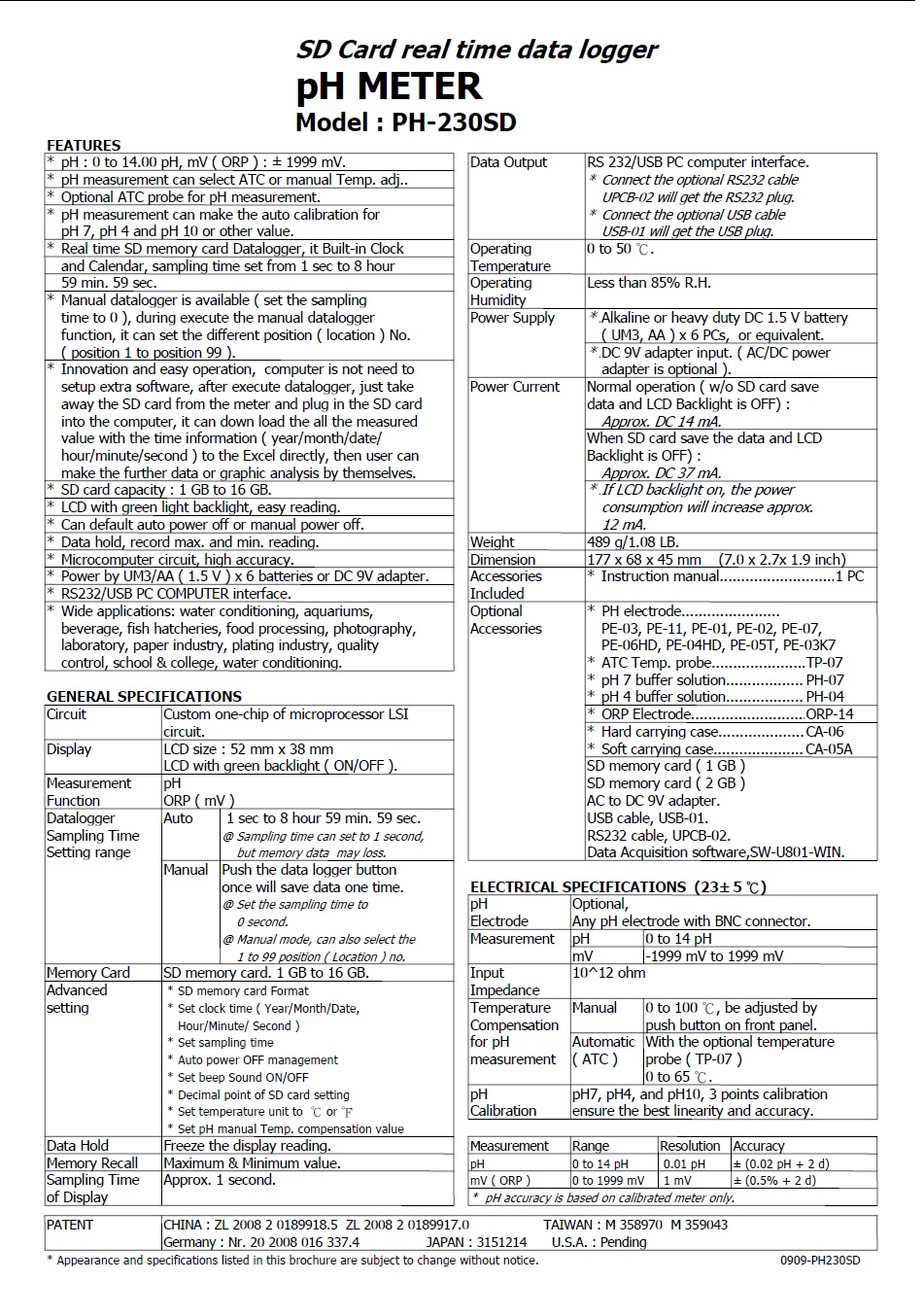 pH METER	 Model : PH-230SD  記憶式酸鹼度計