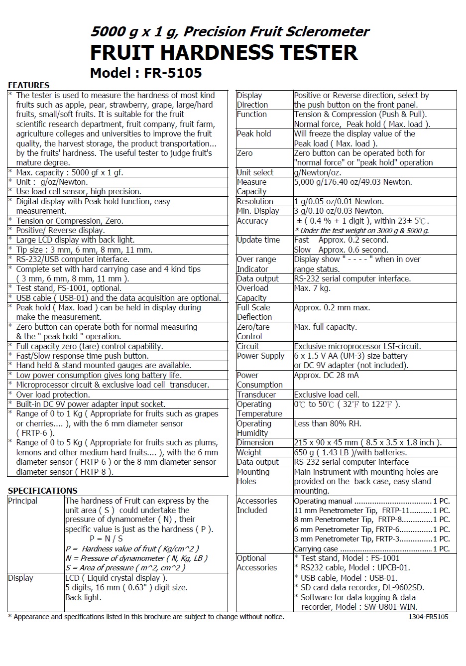 FRUIT HARDNESS TESTER 5,000 g, Model : FR-5105   精密水果硬度計