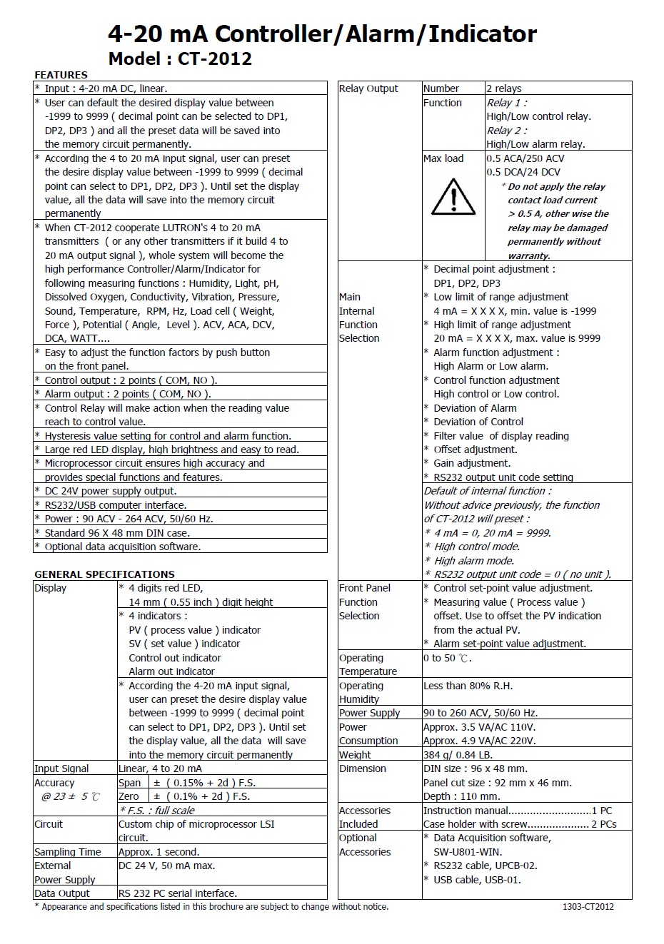 4-20 mA Controller/Alarm/Indicator Model : CT-2012  控制顯示器 或 控制/警報/顯示表頭