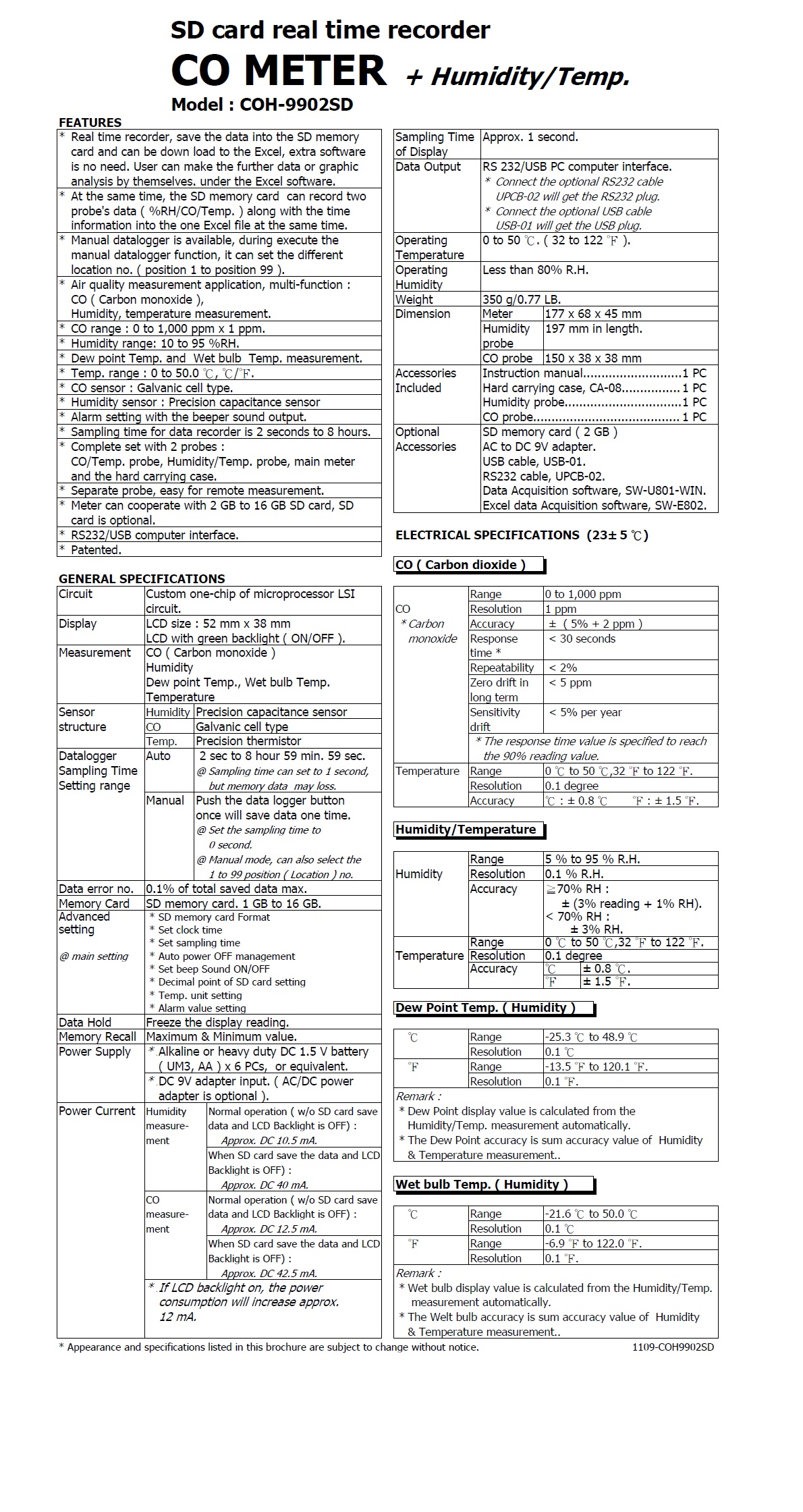 CO METER + Humidity/Temp.  Model : COH-9902SD  記憶式一氧化碳檢測儀+溫濕度計 