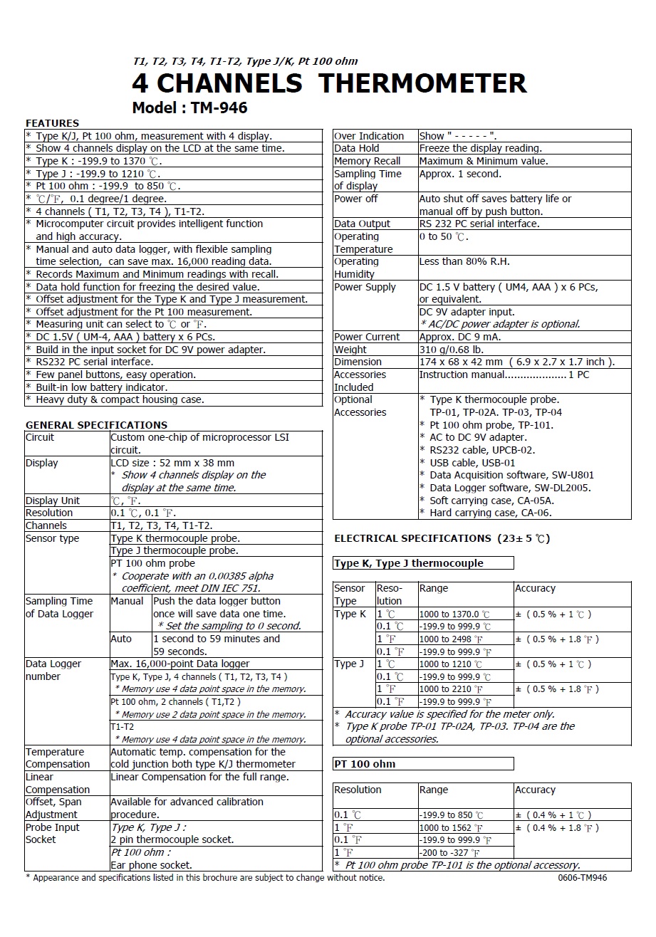 4 channels THERMOMETER - TM-946  記憶型四通道溫度計