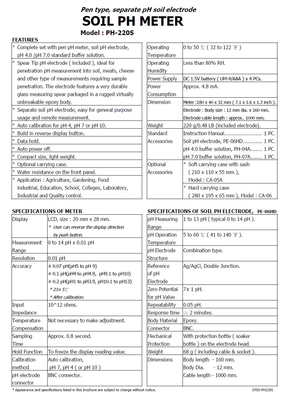 SOIL PH METER - PH-220S  土壤/乳酪/肉類酸鹼度計