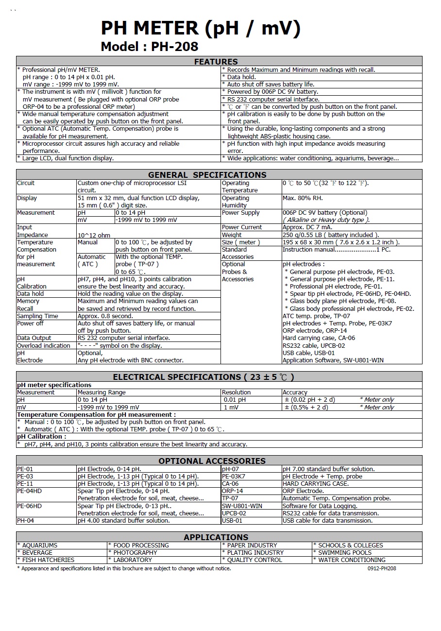 PH METER - PH-208  智慧型酸鹼計