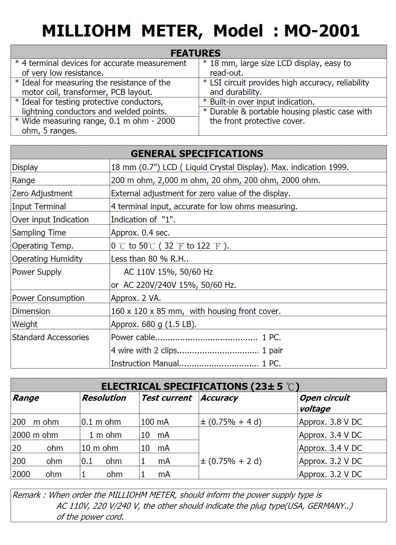 MILLIOHM METER - MO-2001  微電阻計