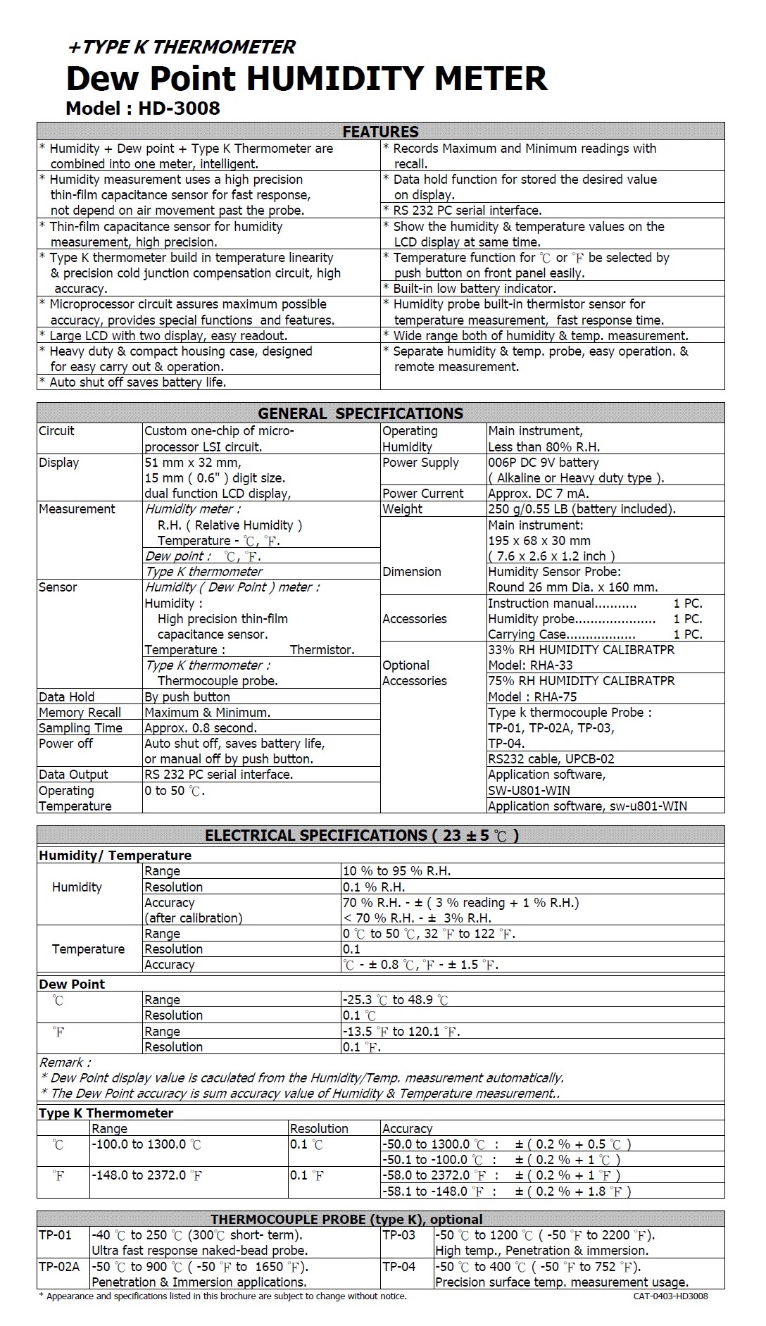 DEW POINT HUMIDITY METER - HD-3008  露點/溫溼度計+溫度計