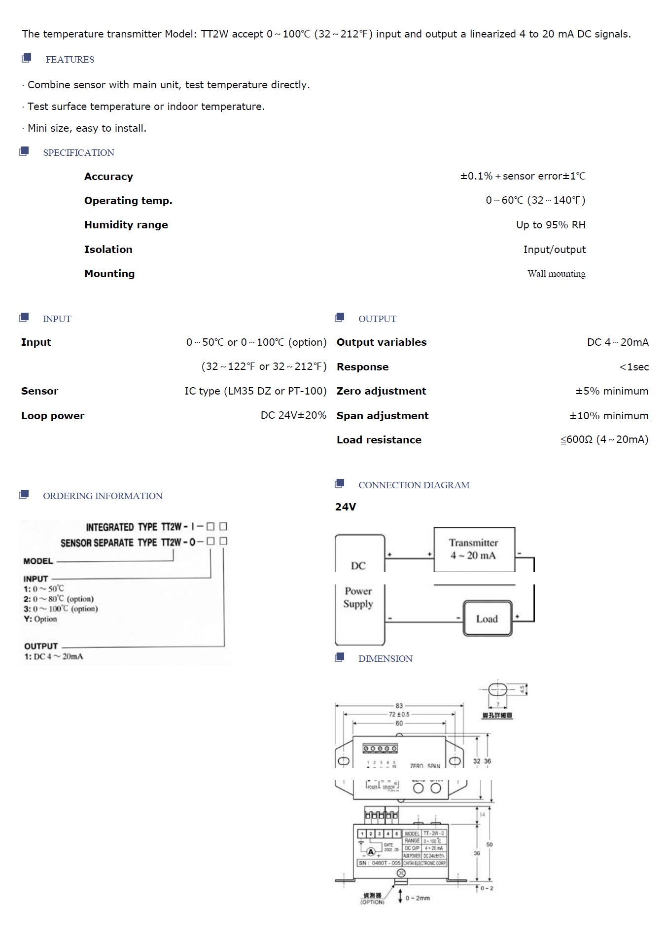 兩線式溫度傳送器   Two Wire Temperature Transmitter - TT2W