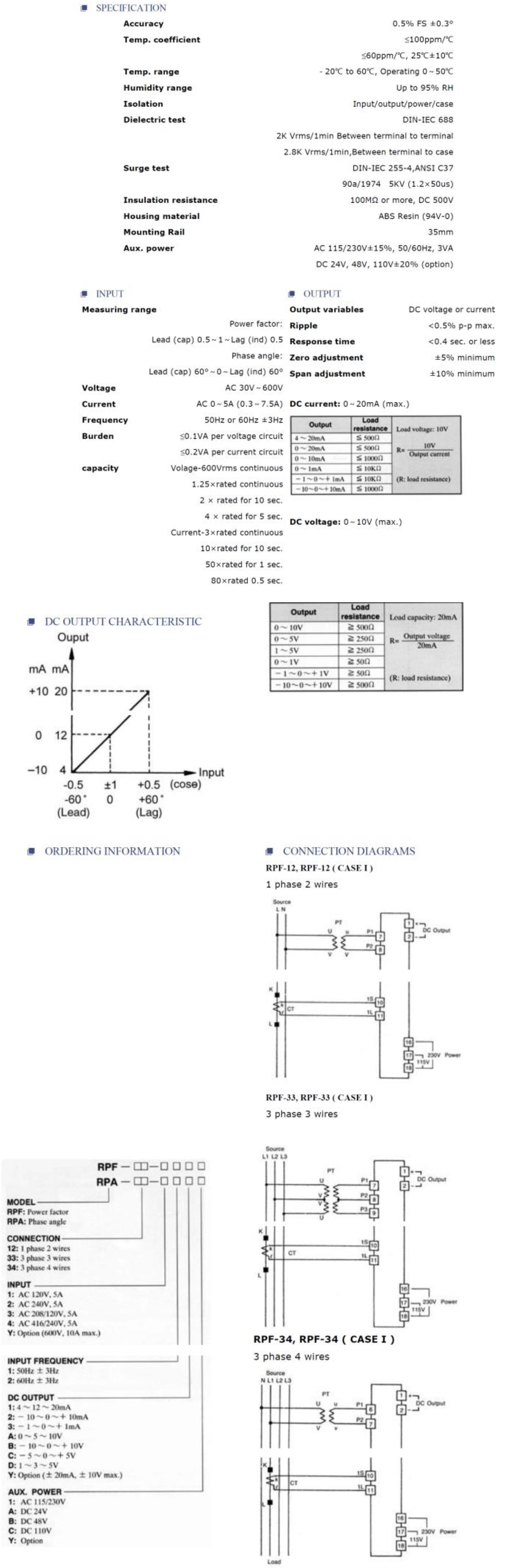 功因、角度轉換器   Power Factor and Phase Angle Transducer - RPF, RPA