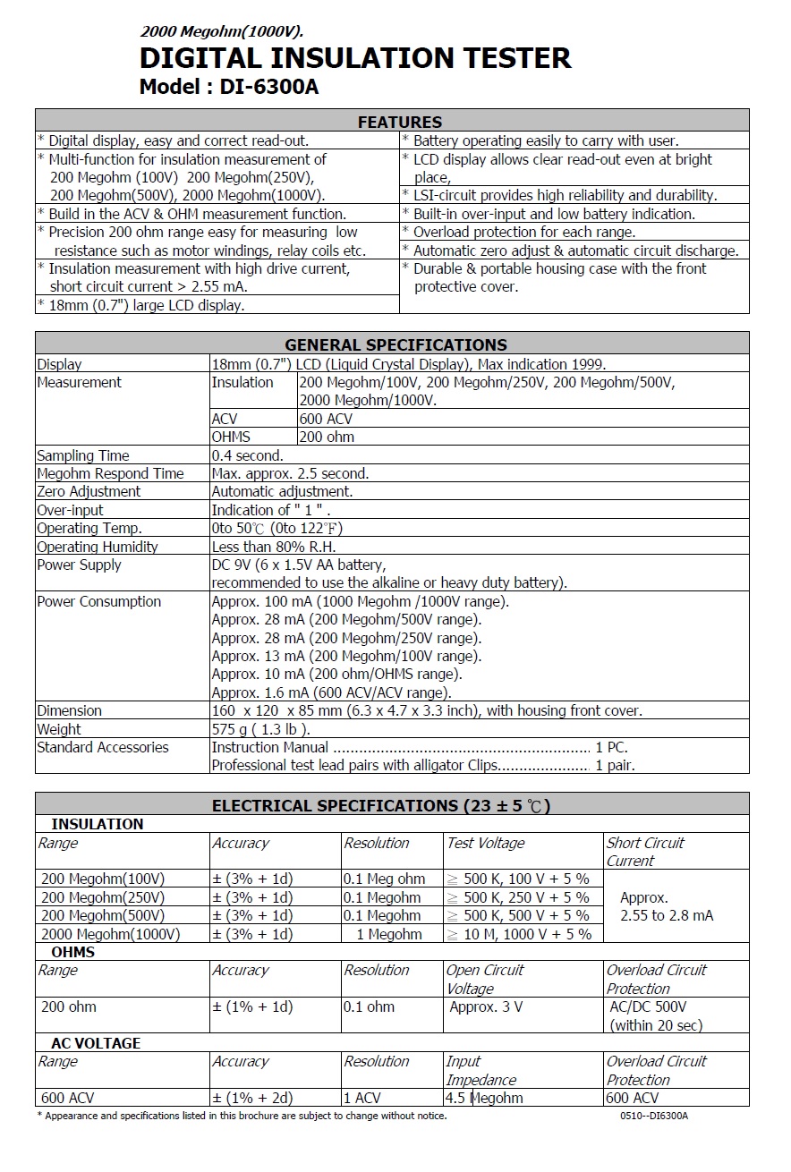 INSULATION TESTER - DI-6300A  絕緣阻抗測試器(高阻計)