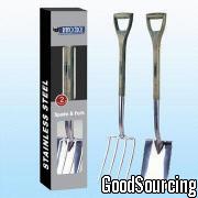 HT007 Spade and Fork Set with Mirror-Polished Stainless Steel Body and Wooden Handle