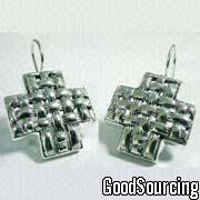 LE 021298 01 Cross-Shaped 925 Sterling Silver Hook Earrings Set in Woven Pattern