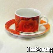 J124-02 Coffee Cup and Saucer Set Decorated with Rose-Design Decal